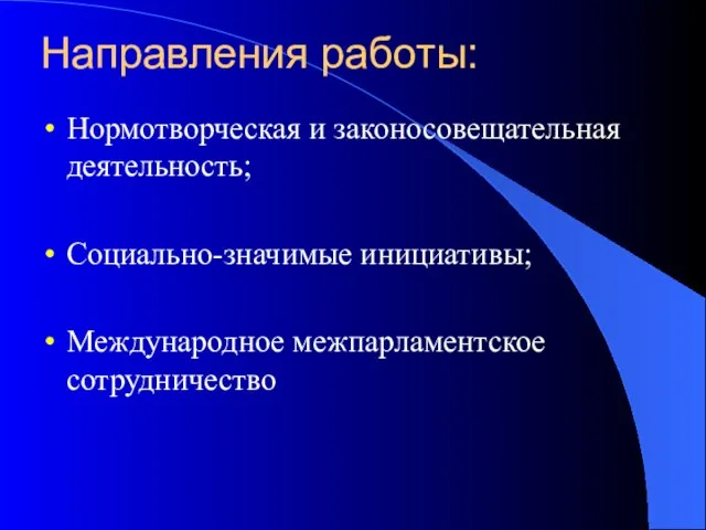 Направления работы: Нормотворческая и законосовещательная деятельность; Социально-значимые инициативы; Международное межпарламентское сотрудничество