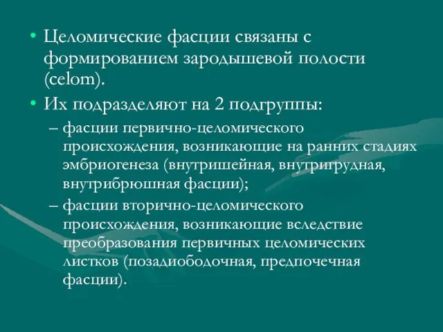 Целомические фасции связаны с формированием зародышевой полости (celom). Их подразделяют на 2