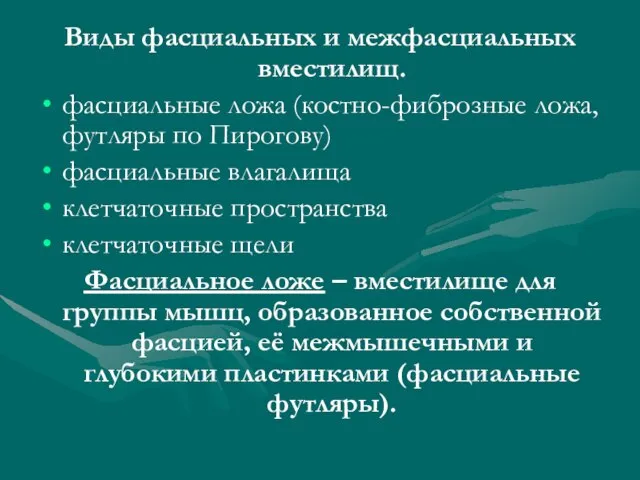 Виды фасциальных и межфасциальных вместилищ. фасциальные ложа (костно-фиброзные ложа, футляры по Пирогову)