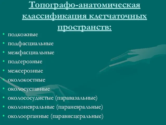 Топографо-анатомическая классификация клетчаточных пространств: подкожные подфасциальные межфасциальные подсерозные межсерозные околокостные околосуставные околососудистые