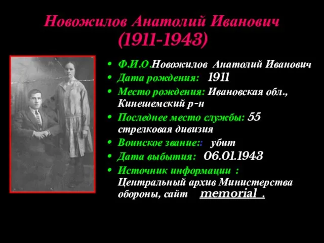 Новожилов Анатолий Иванович (1911-1943) Ф.И.О.Новожилов Анатолий Иванович Дата рождения: 1911 Место рождения: