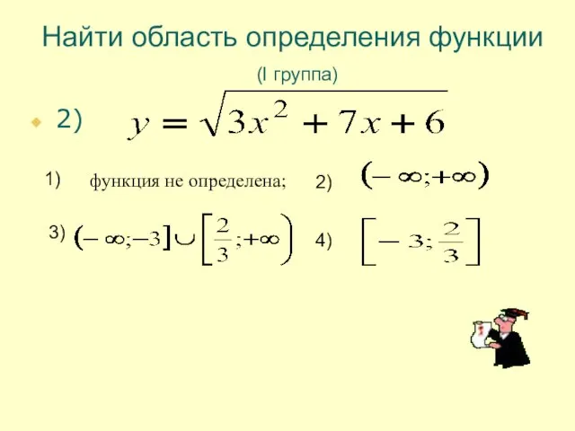 Найти область определения функции (I группа) 2) 1) 2) 3) 4) функция не определена;