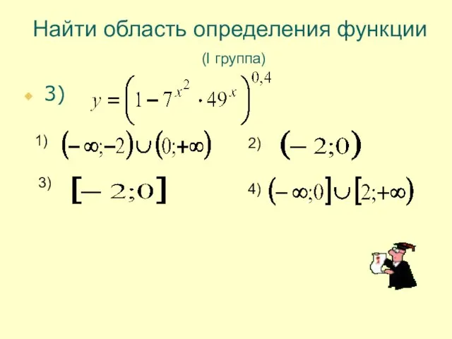 Найти область определения функции (I группа) 3) 1) 2) 3) 4)