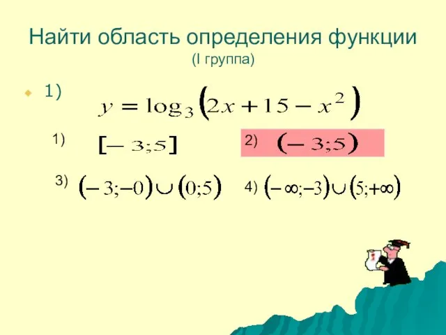 Найти область определения функции (I группа) 1) 1) 2) 3) 4)