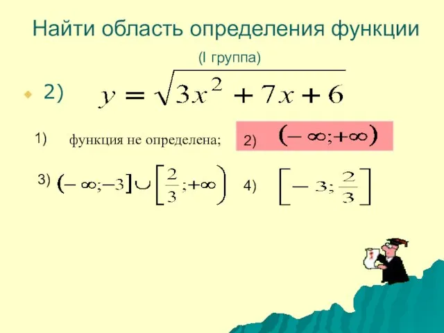 Найти область определения функции (I группа) 2) 1) 2) 3) 4) функция не определена;