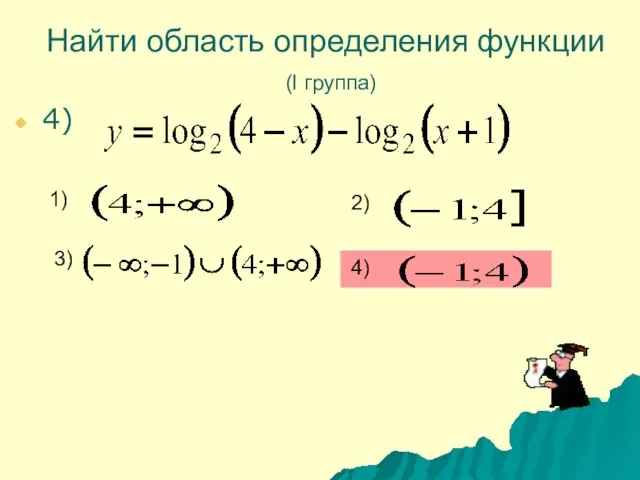 Найти область определения функции (I группа) 4) 1) 2) 3) 4)