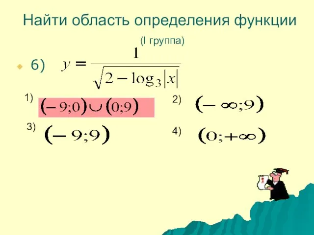 Найти область определения функции (I группа) 6) 1) 2) 3) 4)