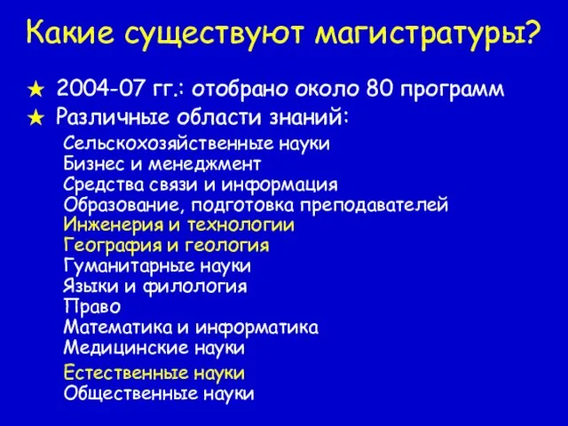 Какие существуют магистратуры? 2004-07 гг.: отобрано около 80 программ Различные области знаний: