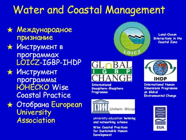Water and Coastal Management Международное признание Инструмент в программах LOICZ-IGBP-IHDP Инструмент программы