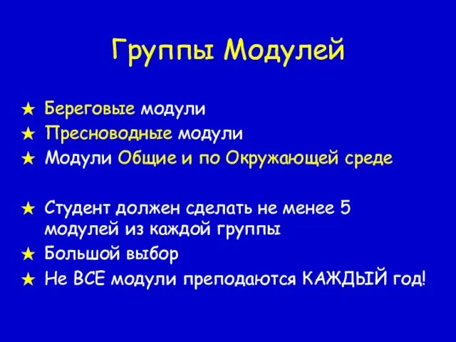 Группы Модулей Береговые модули Пресноводные модули Модули Общие и по Окружающей среде