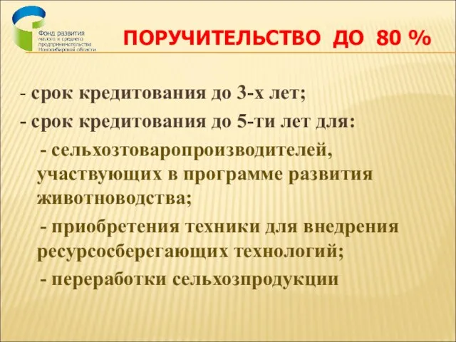 ПОРУЧИТЕЛЬСТВО ДО 80 % - срок кредитования до 3-х лет; - срок