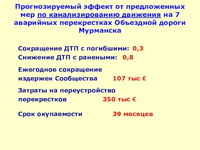 Прогнозируемый эффект от предложенных мер по канализированию движения на 7 аварийных перекрестках