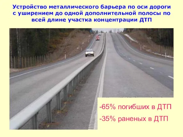 Устройство металлического барьера по оси дороги с уширением до одной дополнительной полосы