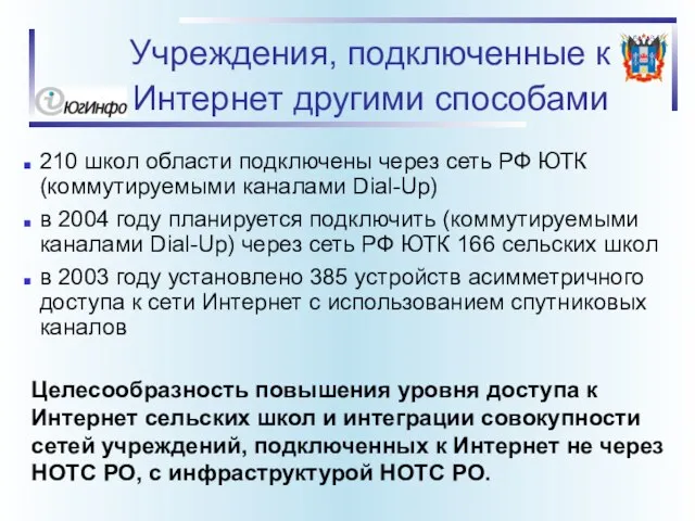 Учреждения, подключенные к Интернет другими способами 210 школ области подключены через сеть