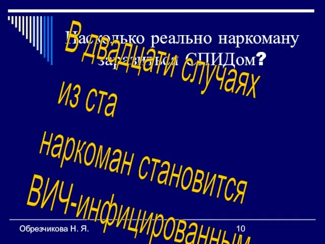 Обрезчикова Н. Я. Насколько реально наркоману заразиться СПИДом? В двадцати случаях из ста наркоман становится ВИЧ-инфицированным.