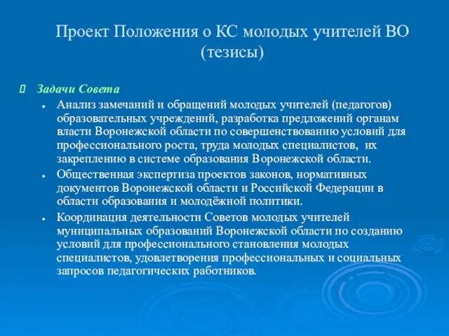 Проект Положения о КС молодых учителей ВО (тезисы) Задачи Совета Анализ замечаний