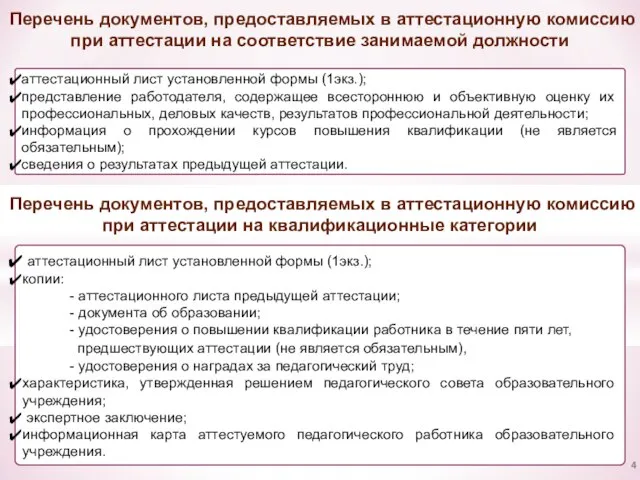 Перечень документов, предоставляемых в аттестационную комиссию при аттестации на соответствие занимаемой должности