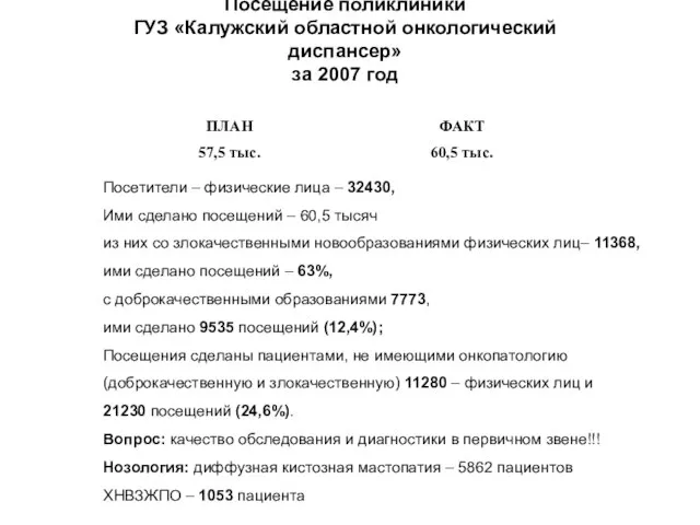 Посещение поликлиники ГУЗ «Калужский областной онкологический диспансер» за 2007 год Посетители –