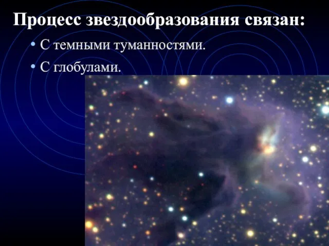 Процесс звездообразования связан: С темными туманностями. С глобулами.