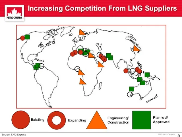 Increasing Competition From LNG Suppliers Existing Expanding Engineering/ Construction Planned/ Approved Source: LNG Express