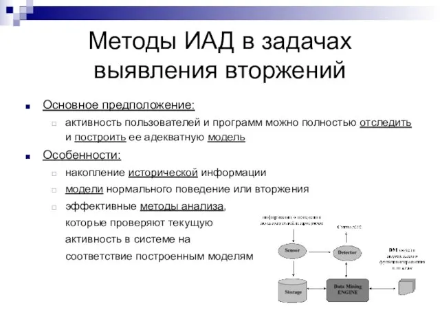 Методы ИАД в задачах выявления вторжений Основное предположение: активность пользователей и программ