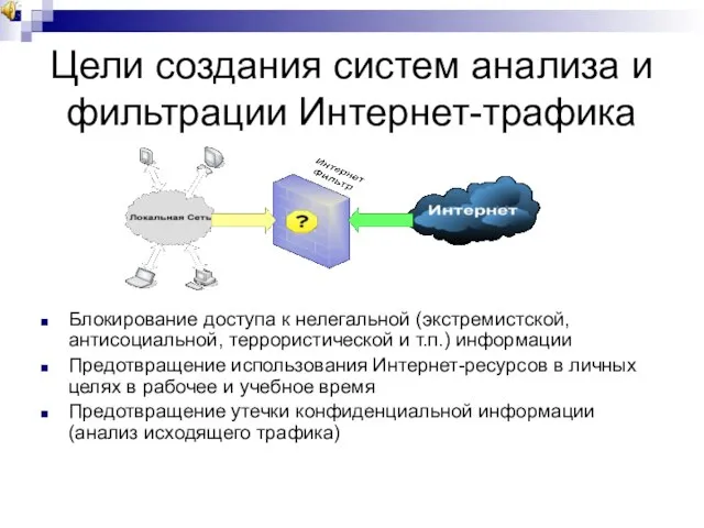 Цели создания систем анализа и фильтрации Интернет-трафика Блокирование доступа к нелегальной (экстремистской,