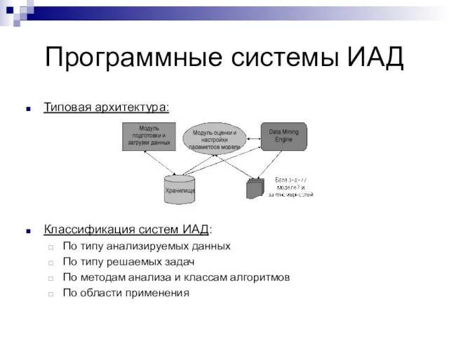 Программные системы ИАД Типовая архитектура: Классификация систем ИАД: По типу анализируемых данных