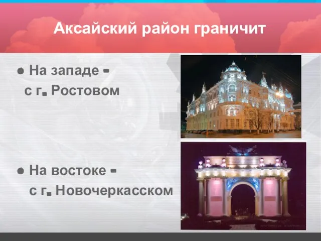 Аксайский район граничит На западе – с г. Ростовом На востоке – с г. Новочеркасском