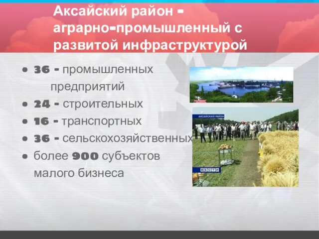 Аксайский район – аграрно-промышленный с развитой инфраструктурой 36 - промышленных предприятий 24