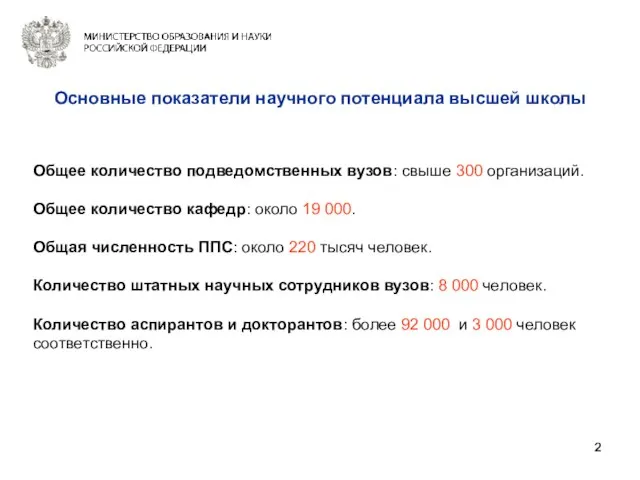 Основные показатели научного потенциала высшей школы Общее количество подведомственных вузов: свыше 300