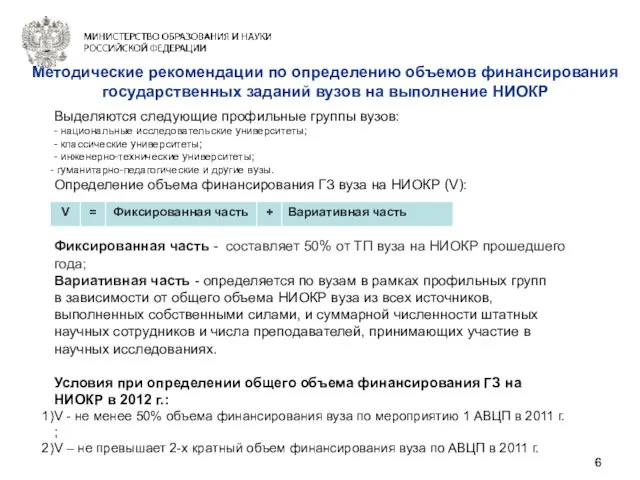 Методические рекомендации по определению объемов финансирования государственных заданий вузов на выполнение НИОКР