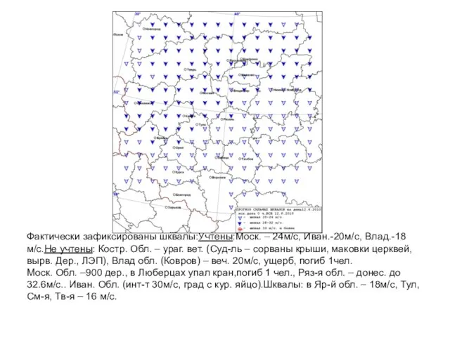 Фактически зафиксированы шквалы:Учтены:Моск. – 24м/с, Иван.-20м/с, Влад.-18м/с.Не учтены: Костр. Обл. – ураг.