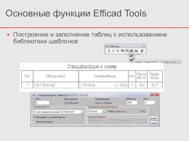 Построение и заполнение таблиц с использованием библиотеки шаблонов Основные функции Efficad Tools