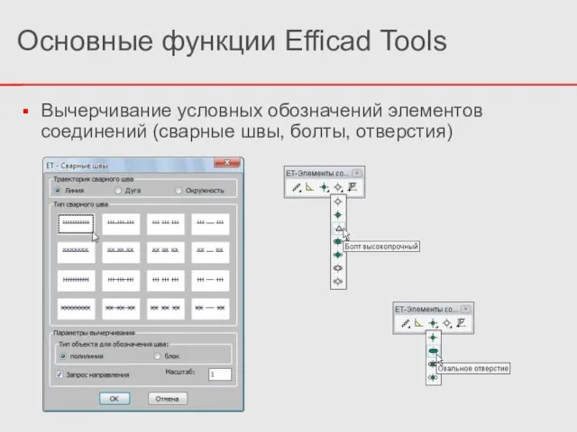 Вычерчивание условных обозначений элементов соединений (сварные швы, болты, отверстия) Основные функции Efficad Tools