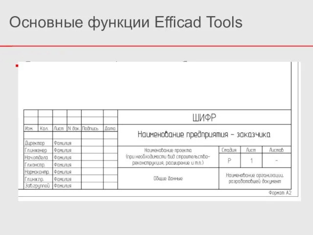 Вставка в чертеж формата и шаблона основной надписи Основные функции Efficad Tools