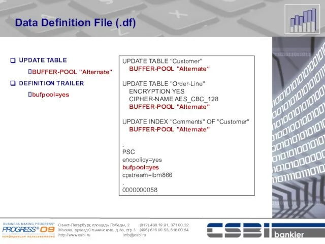 Data Definition File (.df) UPDATE TABLE "Customer" BUFFER-POOL "Alternate“ UPDATE TABLE "Order-Line"