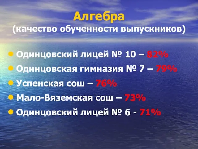 Алгебра (качество обученности выпускников) Одинцовский лицей № 10 – 82% Одинцовская гимназия