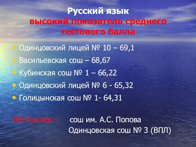 Русский язык высокий показатель среднего тестового балла Одинцовский лицей № 10 –