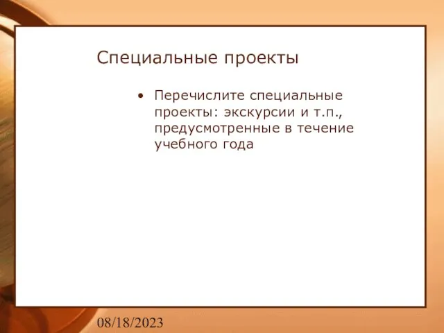 08/18/2023 Специальные проекты Перечислите специальные проекты: экскурсии и т.п., предусмотренные в течение учебного года