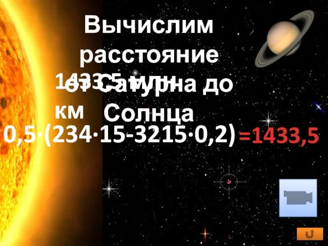 1433,5 млн. км Вычислим расстояние от Сатурна до Солнца 0,5·(234·15-3215·0,2) =1433,5