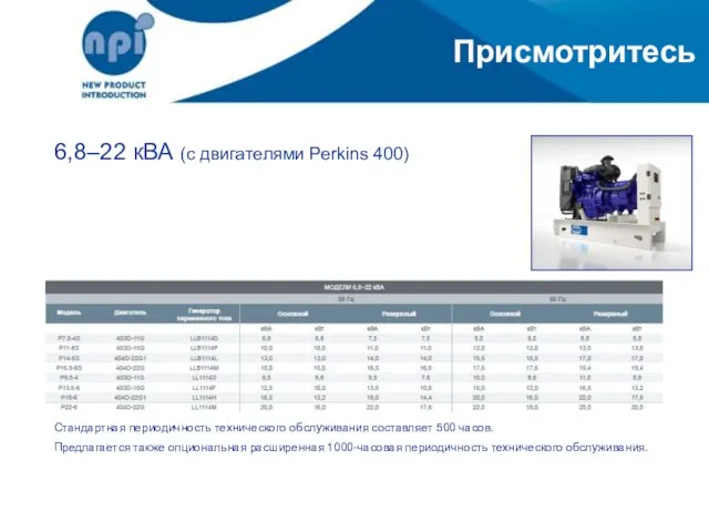 Присмотритесь 6,8–22 кВА (с двигателями Perkins 400) Стандартная периодичность технического обслуживания составляет