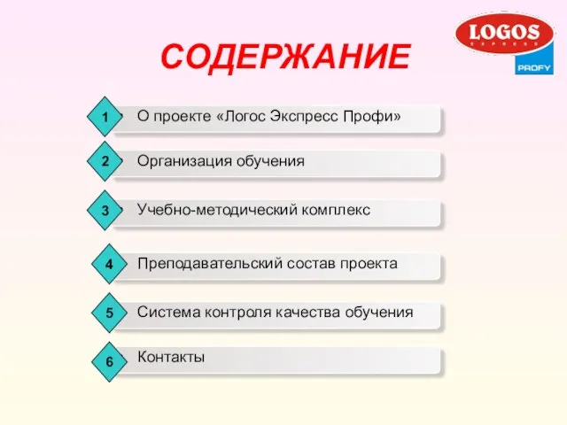 СОДЕРЖАНИЕ Организация обучения Учебно-методический комплекс Преподавательский состав проекта Система контроля качества обучения