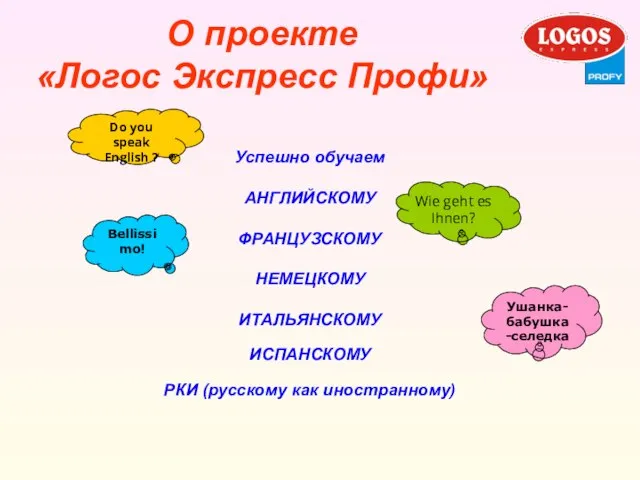 О проекте «Логос Экспресс Профи» Успешно обучаем АНГЛИЙСКОМУ ФРАНЦУЗСКОМУ НЕМЕЦКОМУ ИТАЛЬЯНСКОМУ ИСПАНСКОМУ