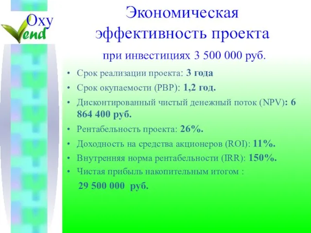 Срок реализации проекта: 3 года Срок окупаемости (PBP): 1,2 год. Дисконтированный чистый