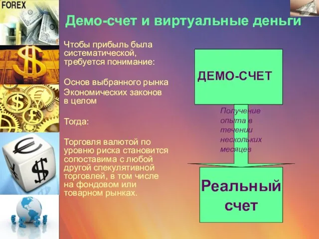 Демо-счет и виртуальные деньги Чтобы прибыль была систематической, требуется понимание: Основ выбранного