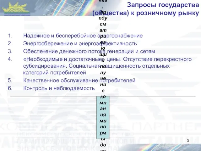 Запросы государства (общества) к розничному рынку Надежное и бесперебойное энергоснабжение Энергосбережение и