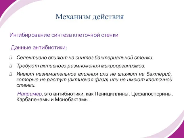 Ингибирование синтеза клеточной стенки Данные антибиотики: Селективно влияют на синтез бактериальной стенки.