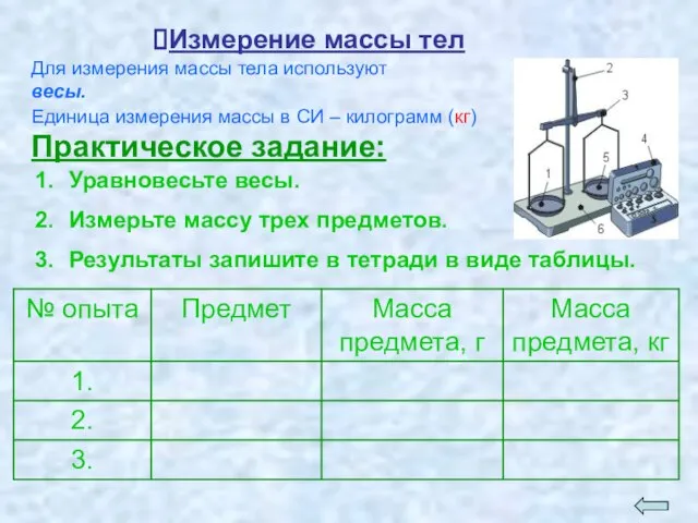 Измерение массы тел Для измерения массы тела используют весы. Единица измерения массы