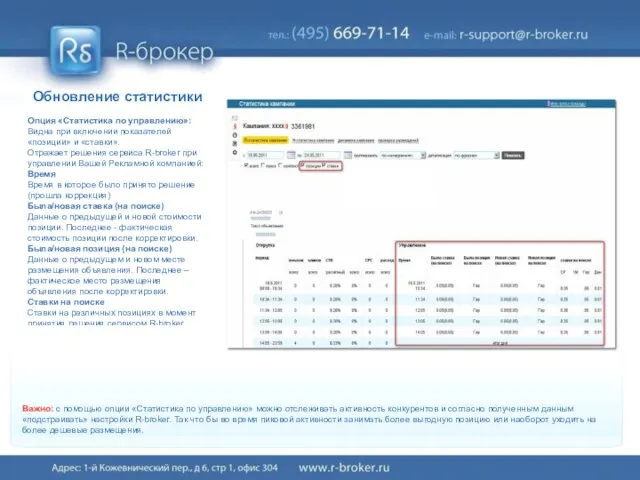 Обновление статистики Опция «Статистика по управлению»: Видна при включении показателей «позиции» и