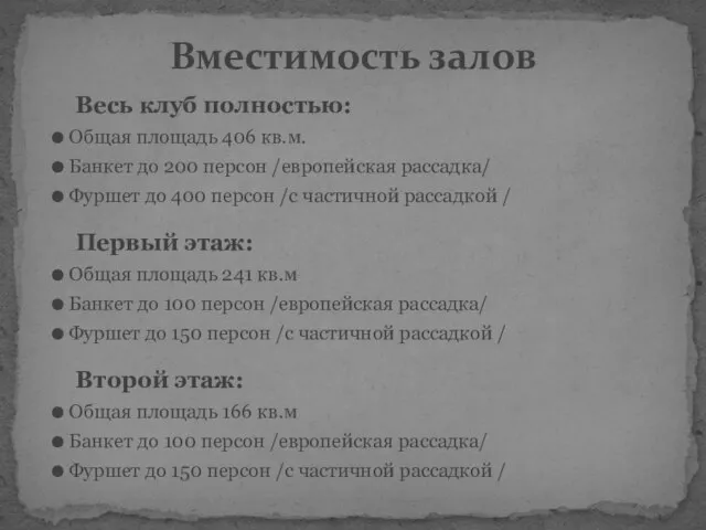 Весь клуб полностью: Общая площадь 406 кв.м. Банкет до 200 персон /европейская